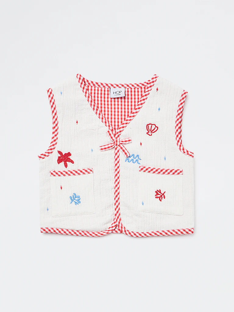 HOP Kids Girls White Checkered Cotton Waistcoat - Image 3