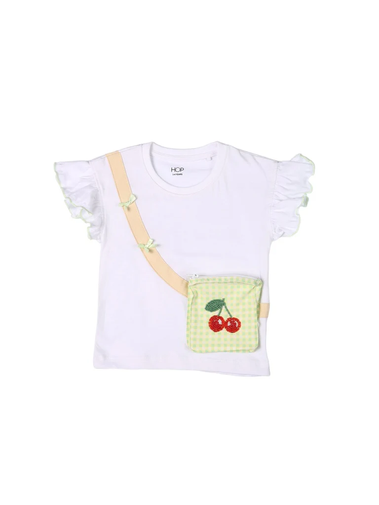 HOP Kids Girls White Cherry Gingham Bag Cotton T-Shirt - Image 3