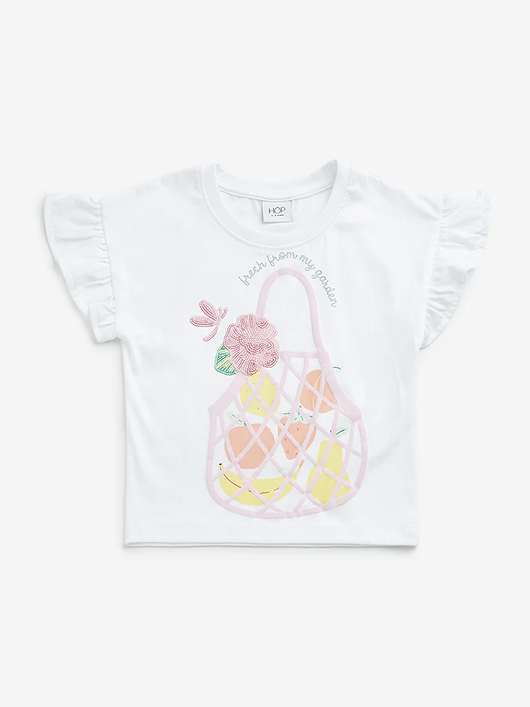 HOP Kids Girls White Embellished Cotton Top