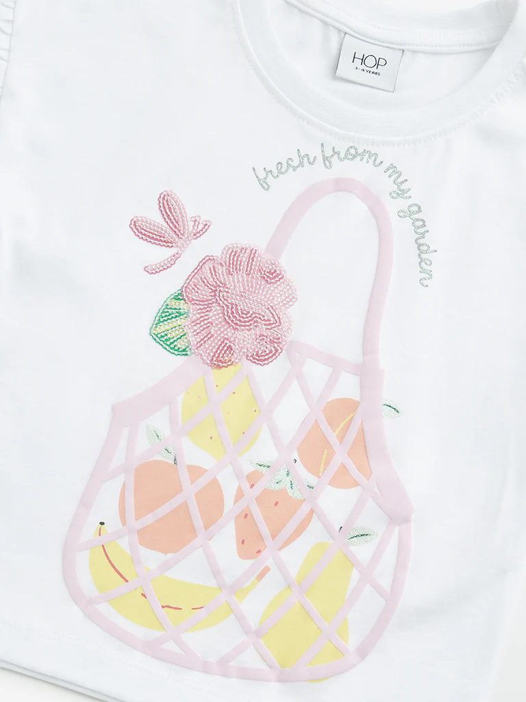 HOP Kids Girls White Embellished Cotton Top - Image 4