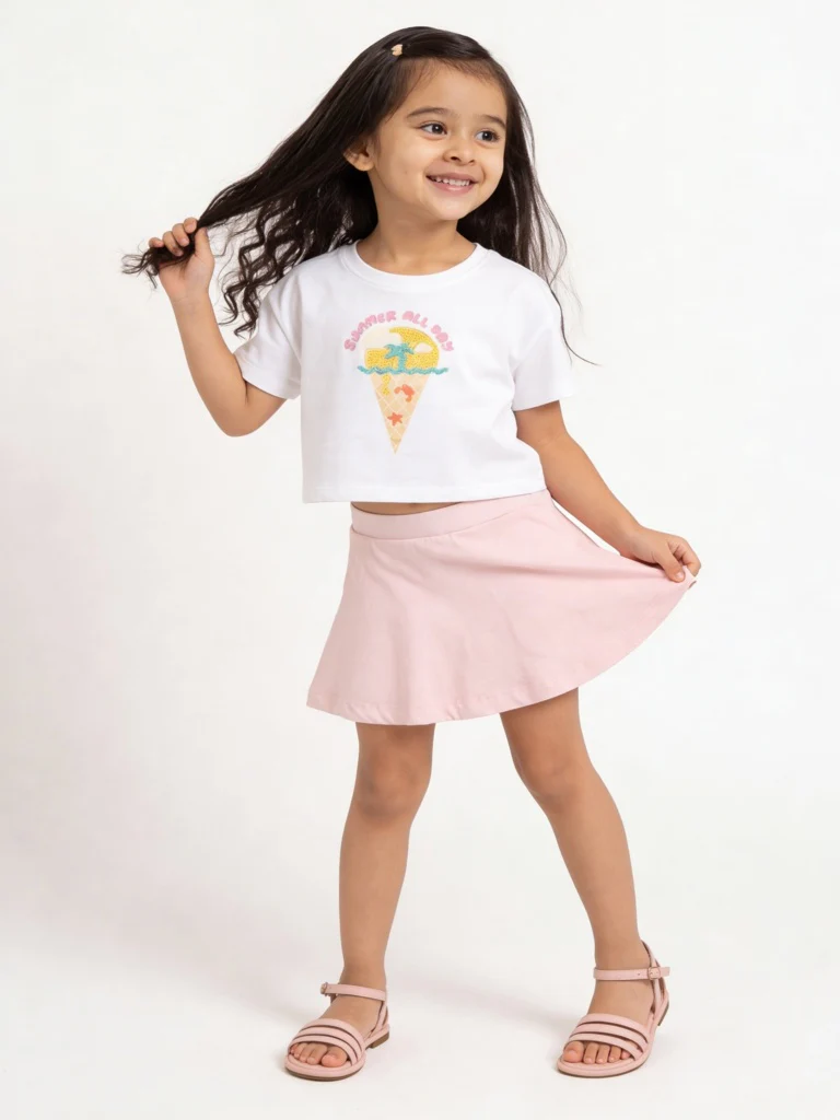 HOP Kids Girls White Embroidered Cotton T-Shirt and Skirt Set