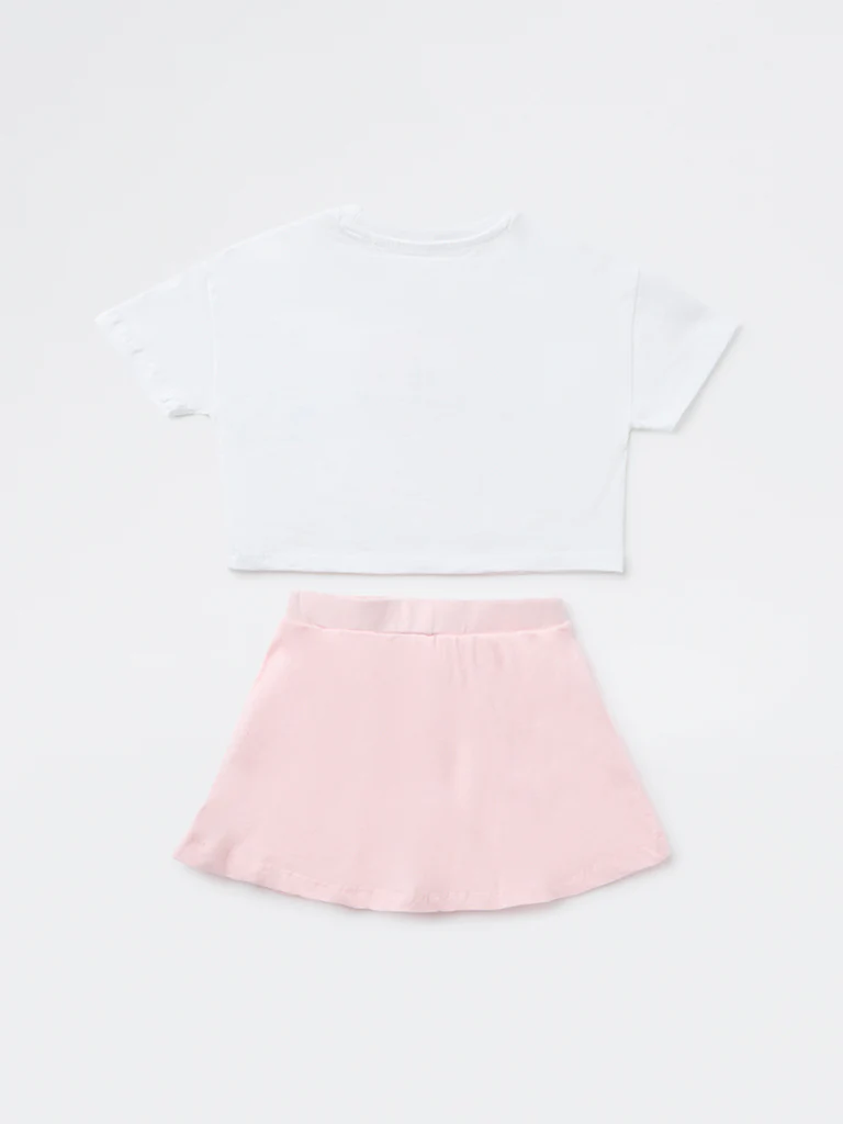 HOP Kids Girls White Embroidered Cotton T-Shirt and Skirt Set - Image 4