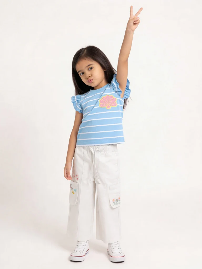 HOP Kids Girls White Embroidered High-Rise Cotton Cargo Pants
