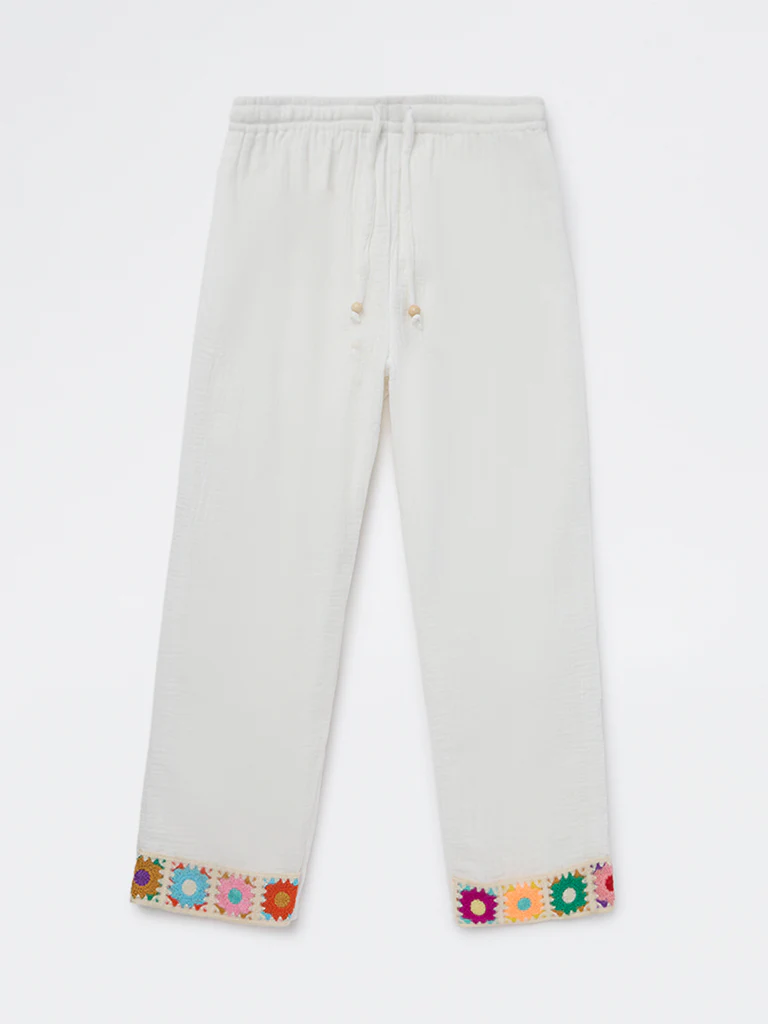 HOP Kids Girls White Embroidered High-Rise Cotton Trousers
