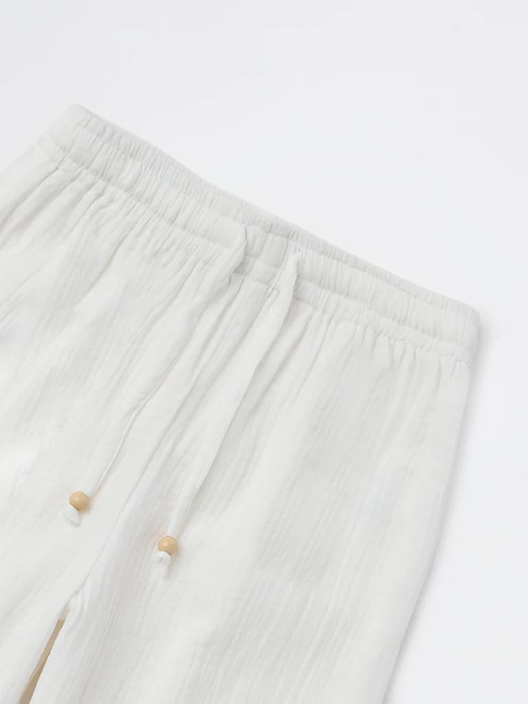 HOP Kids Girls White Embroidered High-Rise Cotton Trousers - Image 3