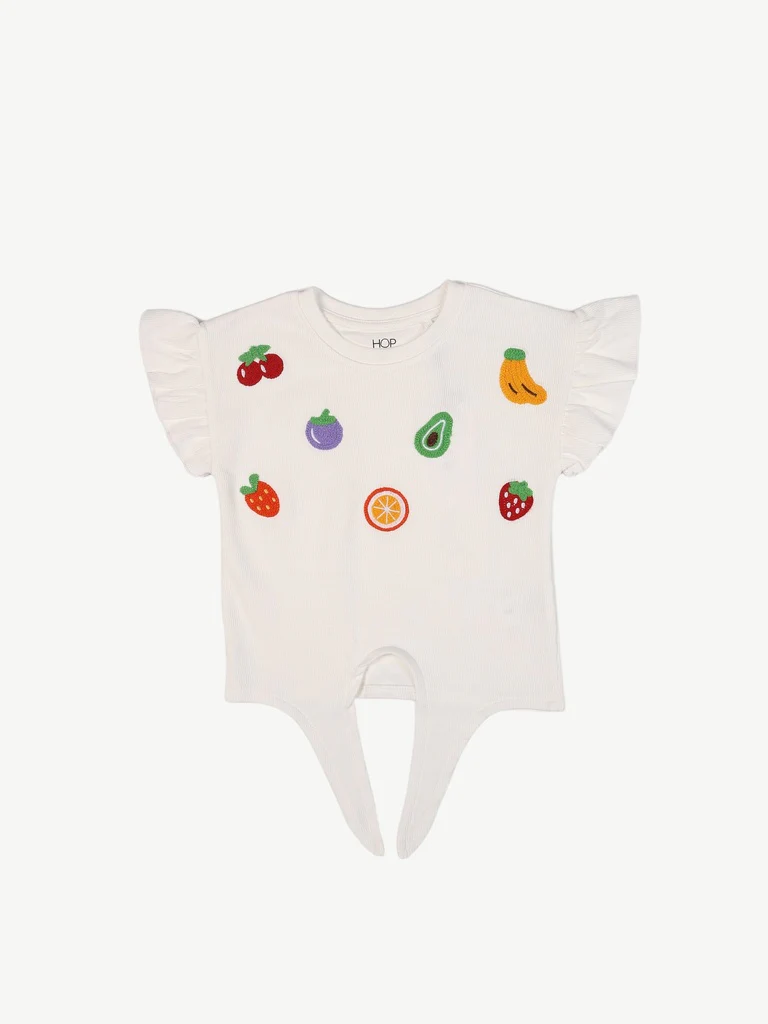 HOP Kids Girls White Embroidered Tie-Up Cotton Top - Image 3
