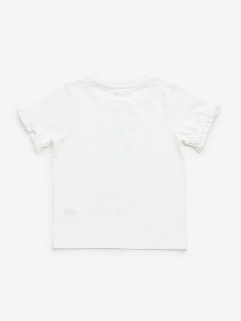 HOP Kids Girls White Floral Embellished Cotton T-Shirt - Image 3