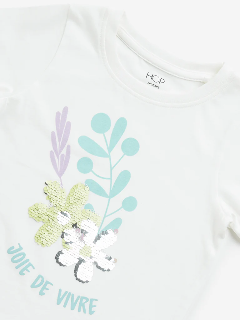 HOP Kids Girls White Floral Embellished Cotton T-Shirt - Image 4