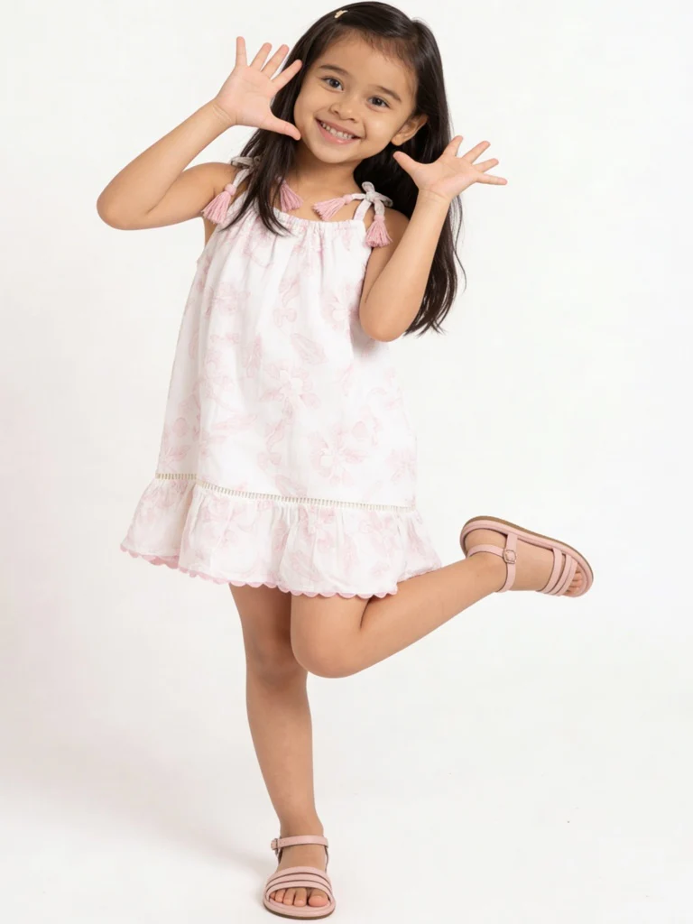 HOP Kids Girls White Floral Embroidered A-Line Dress