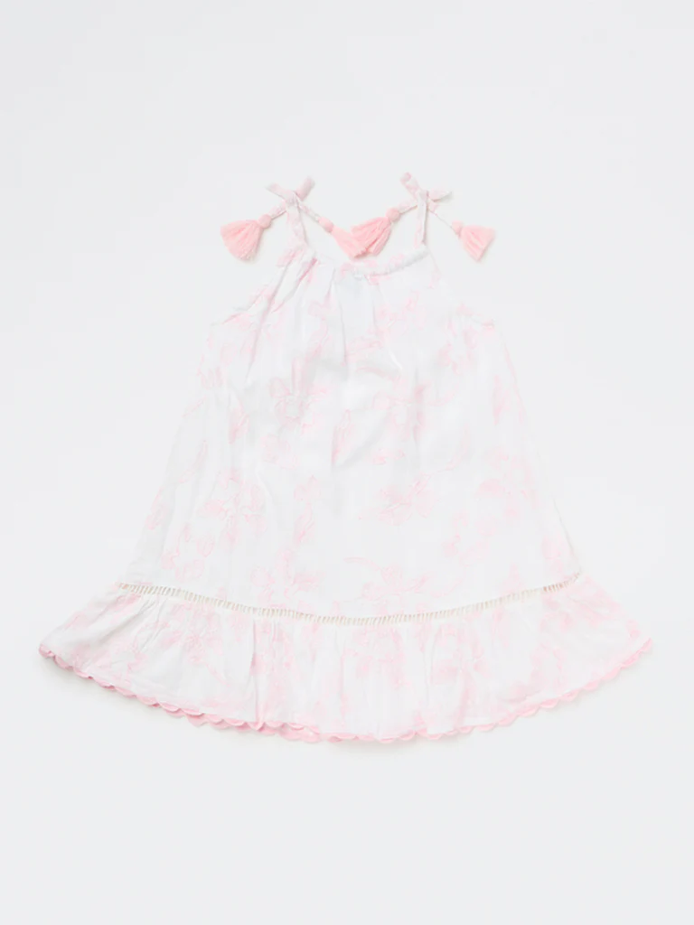 HOP Kids Girls White Floral Embroidered A-Line Dress - Image 3
