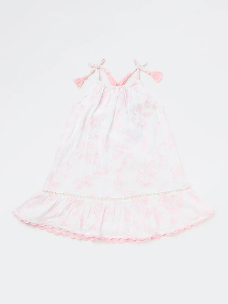 HOP Kids Girls White Floral Embroidered A-Line Dress - Image 4