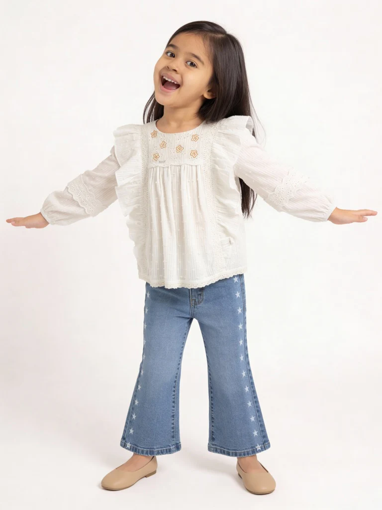 HOP Kids Girls White Floral Embroidered Cotton Top