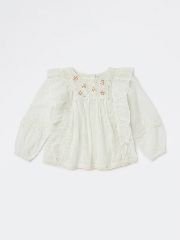 HOP Kids Girls White Floral Embroidered Cotton Top - Image 3