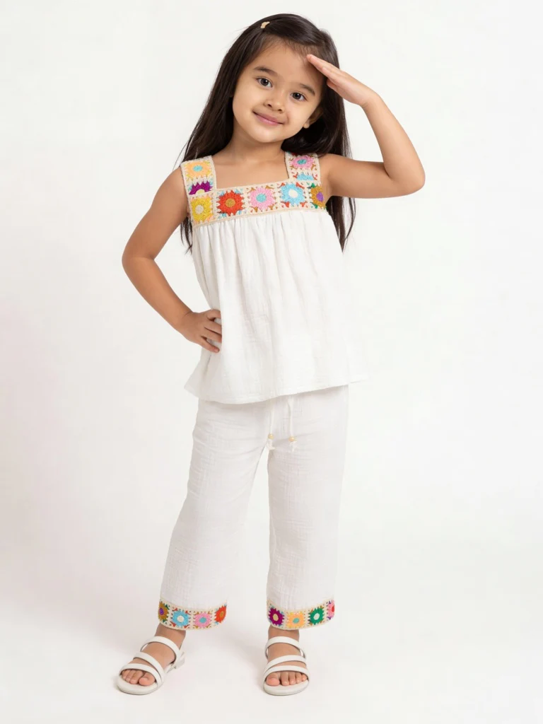 HOP Kids Girls White Floral Embroidered Cotton Top