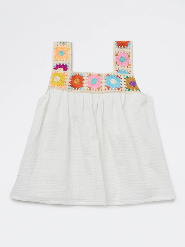 HOP Kids Girls White Floral Embroidered Cotton Top - Image 3