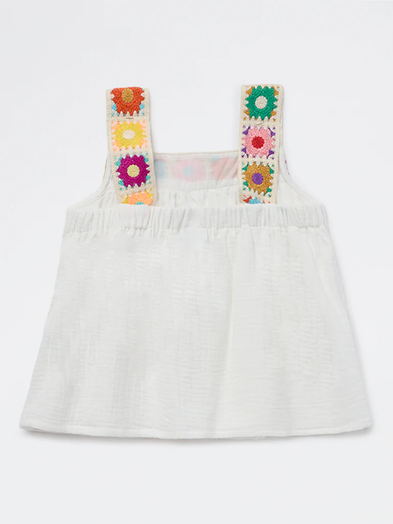 HOP Kids Girls White Floral Embroidered Cotton Top - Image 4