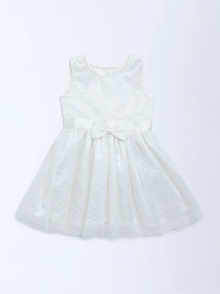 HOP Kids Girls White Floral Lace Design Party Dress - Image 3