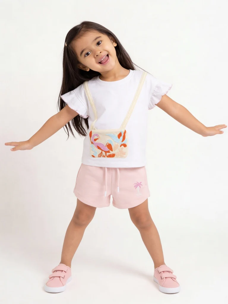 HOP Kids Girls White Pouch-Detailed Cotton Top