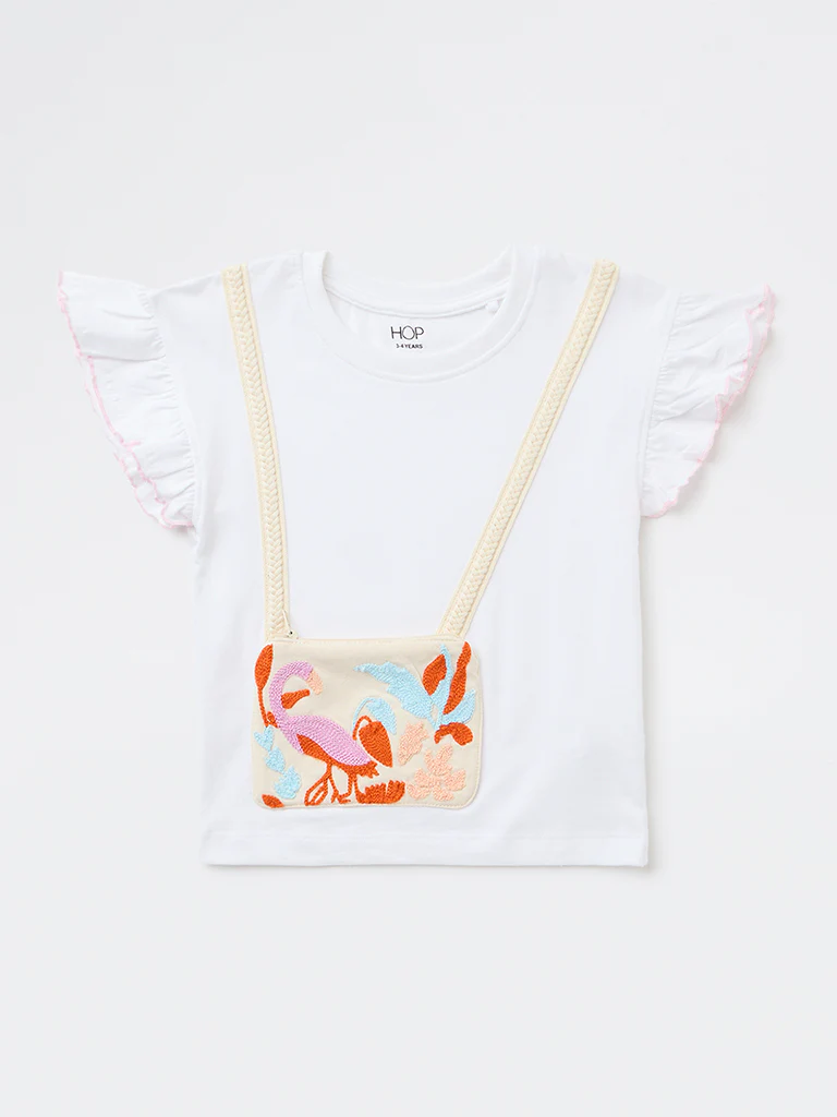 HOP Kids Girls White Pouch-Detailed Cotton Top - Image 3
