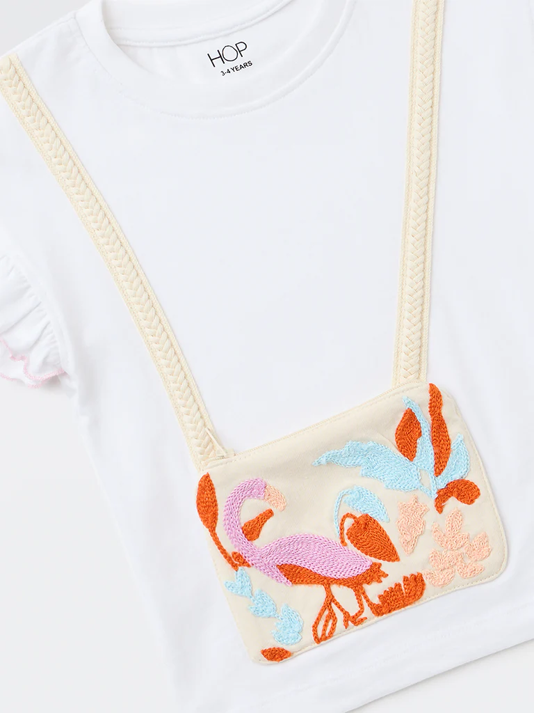 HOP Kids Girls White Pouch-Detailed Cotton Top - Image 5