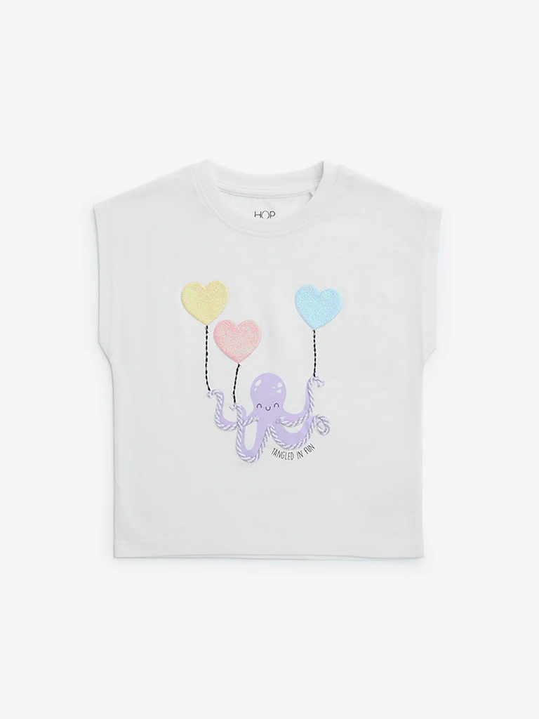 HOP Kids Girls White Printed Cotton Top - Image 3