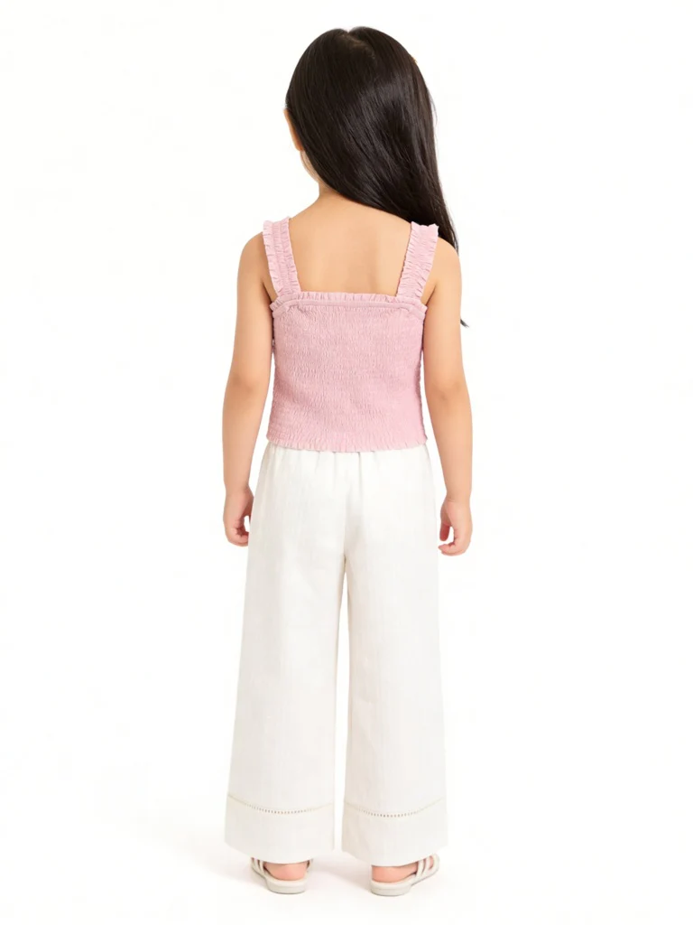 HOP Kids Girls White Self-Striped High-Rise Cotton Trousers - Image 2