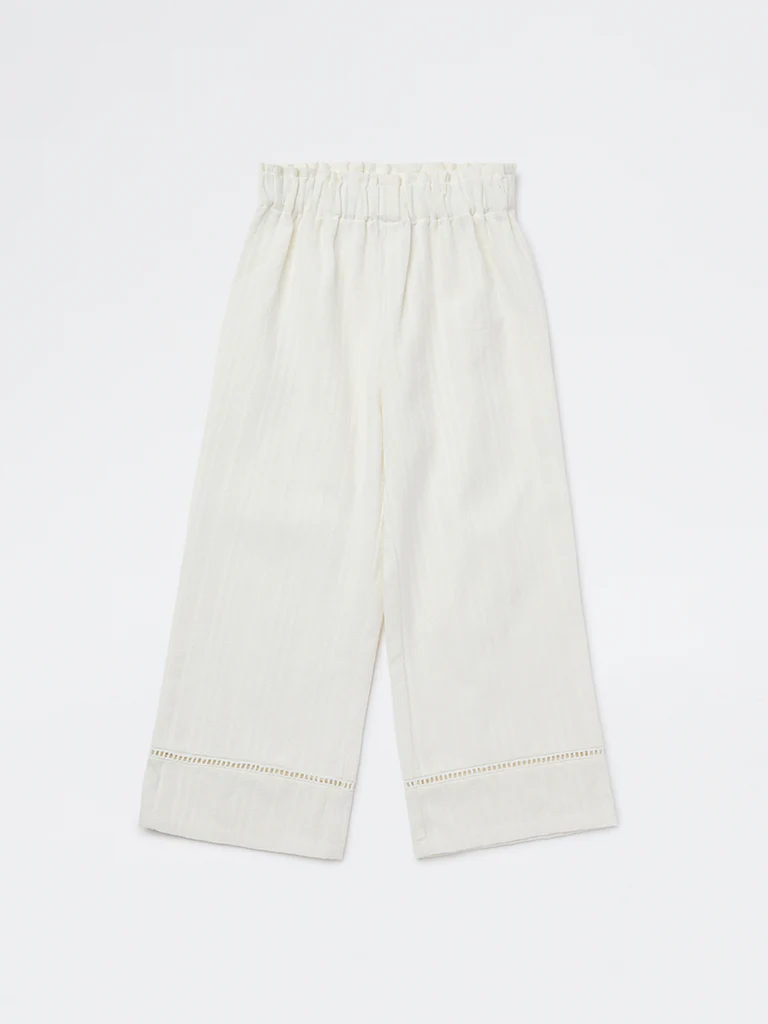HOP Kids Girls White Self-Striped High-Rise Cotton Trousers - Image 3