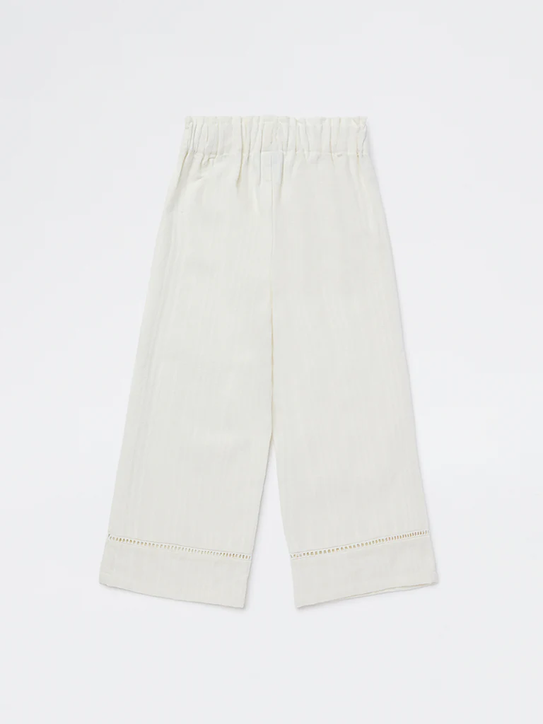 HOP Kids Girls White Self-Striped High-Rise Cotton Trousers - Image 4