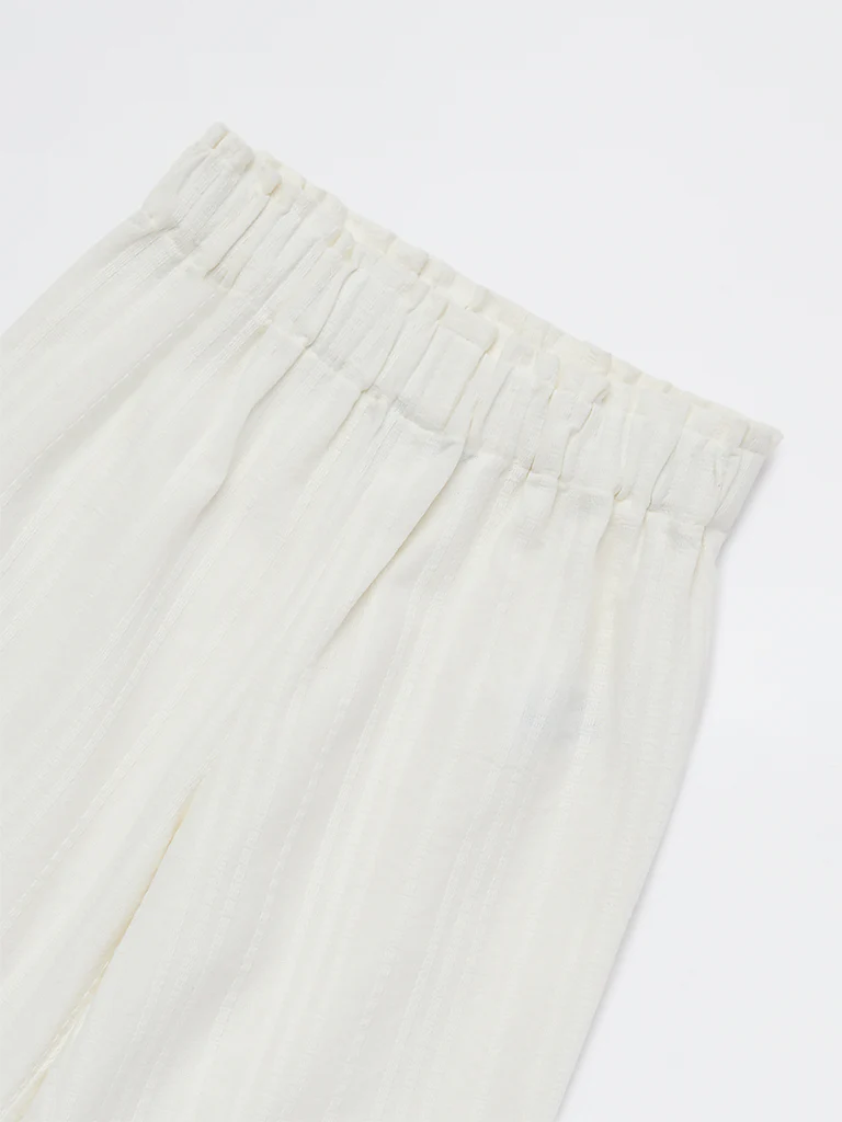 HOP Kids Girls White Self-Striped High-Rise Cotton Trousers - Image 5