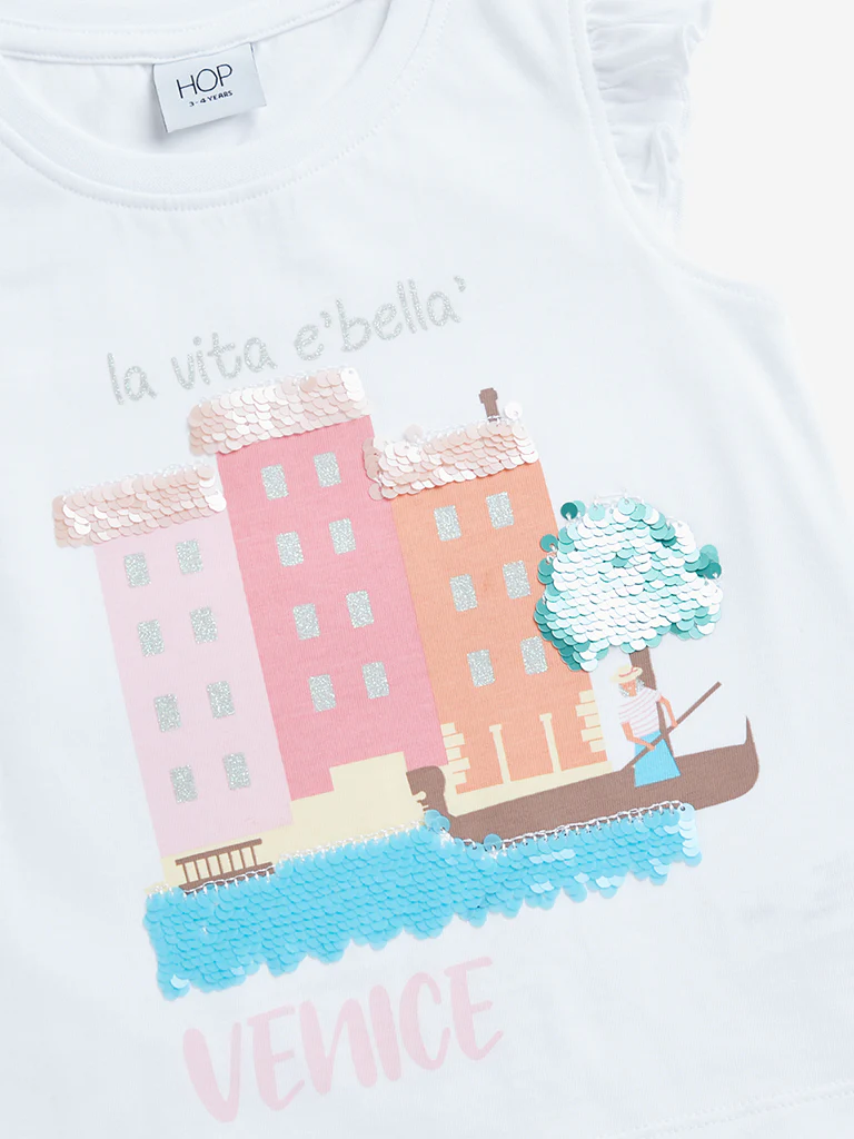 HOP Kids Girls White Text Pattern Ruffle Sleeve Cotton Top - Image 4