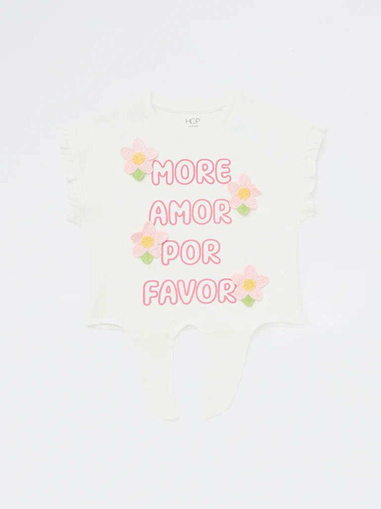 HOP Kids Girls White Text Printed Tie-Up Cotton Top - Image 4