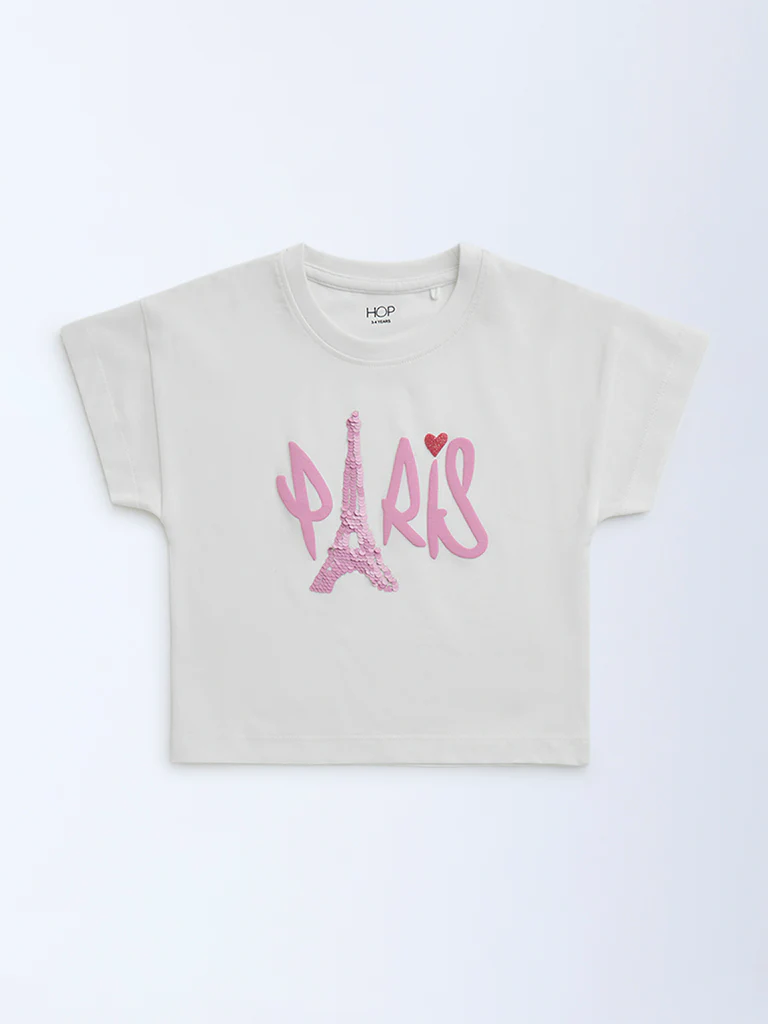 HOP Kids Girls White Typographic Cotton T-Shirt - Image 3