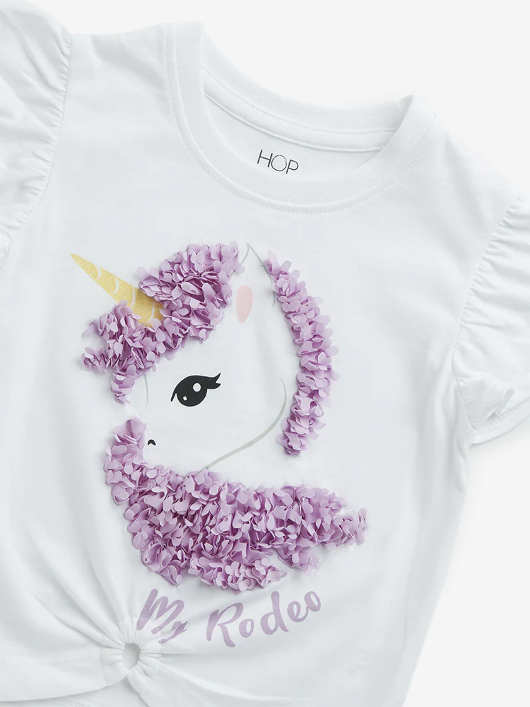 HOP Kids Girls White Unicorn Design Cotton T-Shirt - Image 3