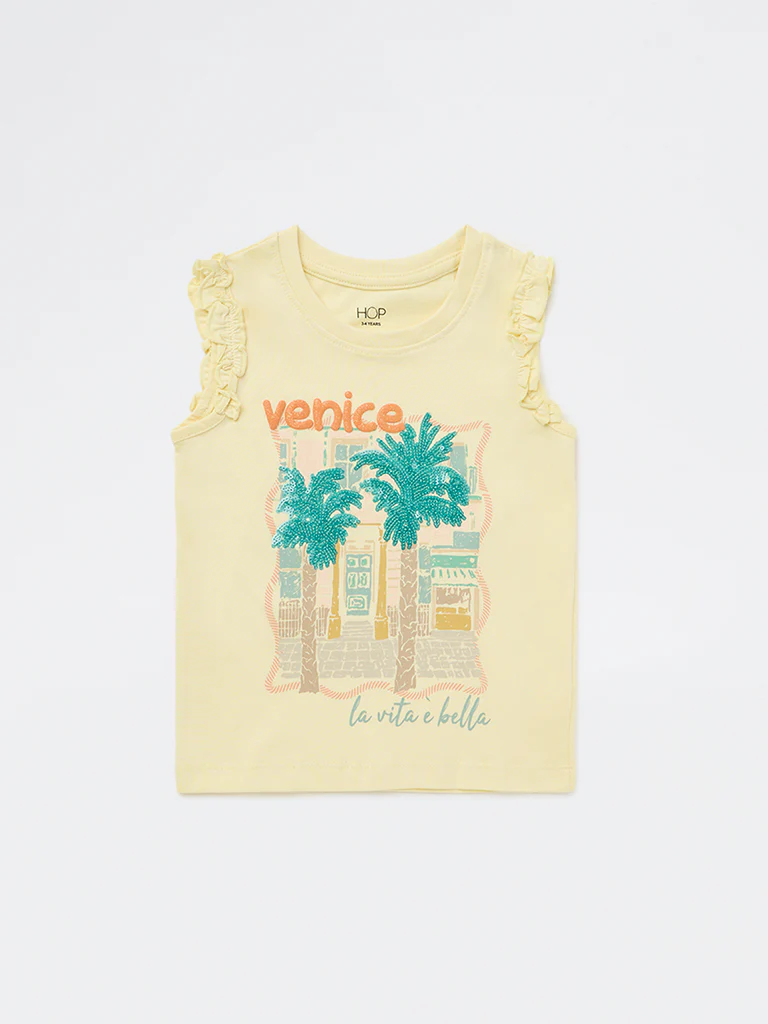 HOP Kids Girls Yellow Cityscape Printed Cotton Top - Image 4