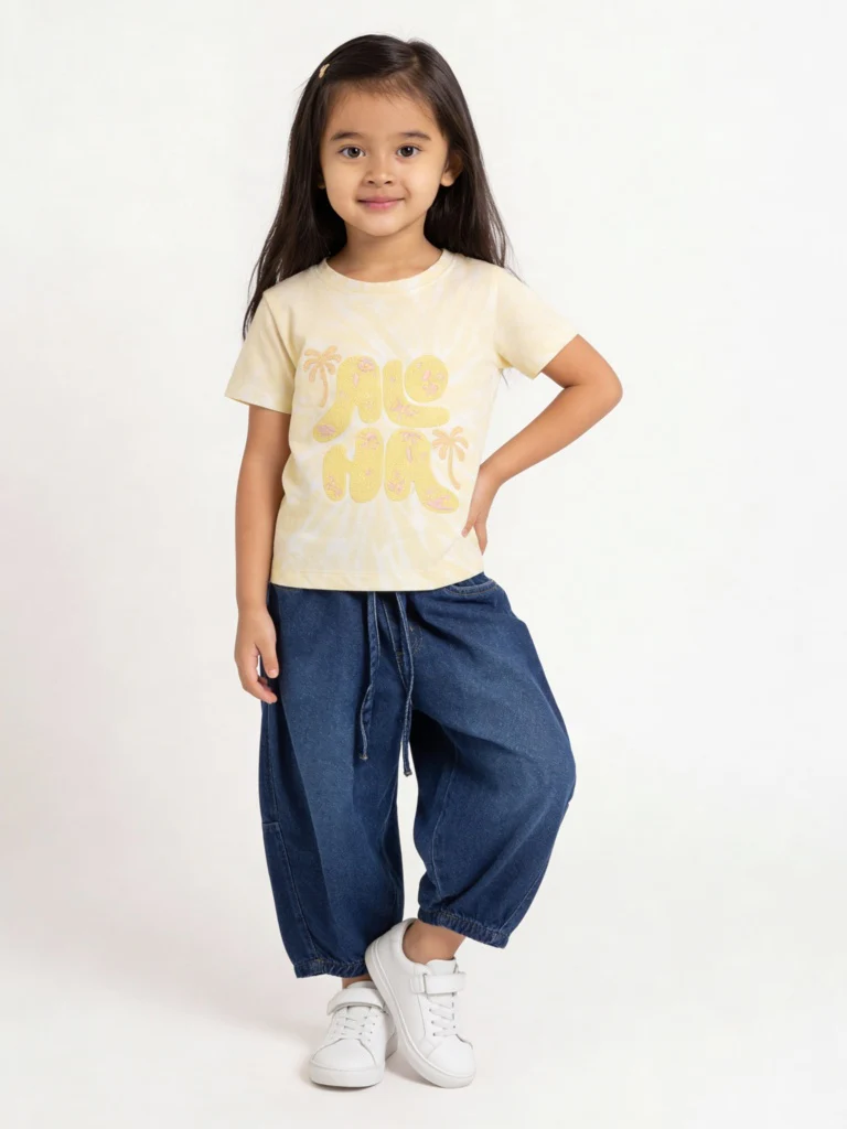 HOP Kids Girls Yellow Embroidered Cotton T-Shirt