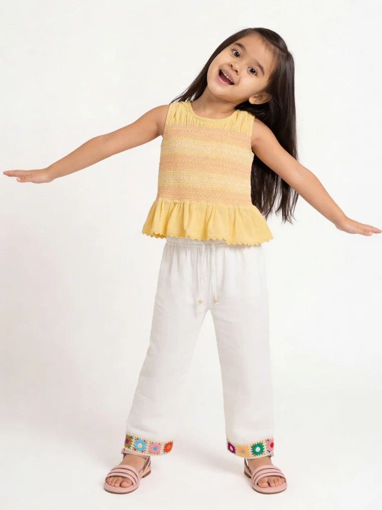 HOP Kids Girls Yellow Embroidered Cotton Top