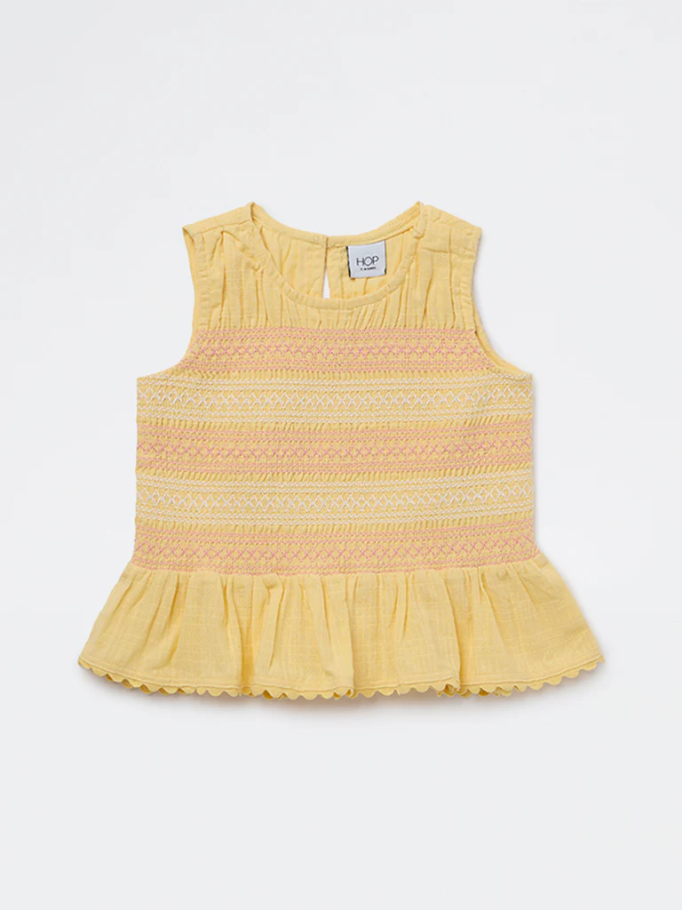 HOP Kids Girls Yellow Embroidered Cotton Top - Image 3