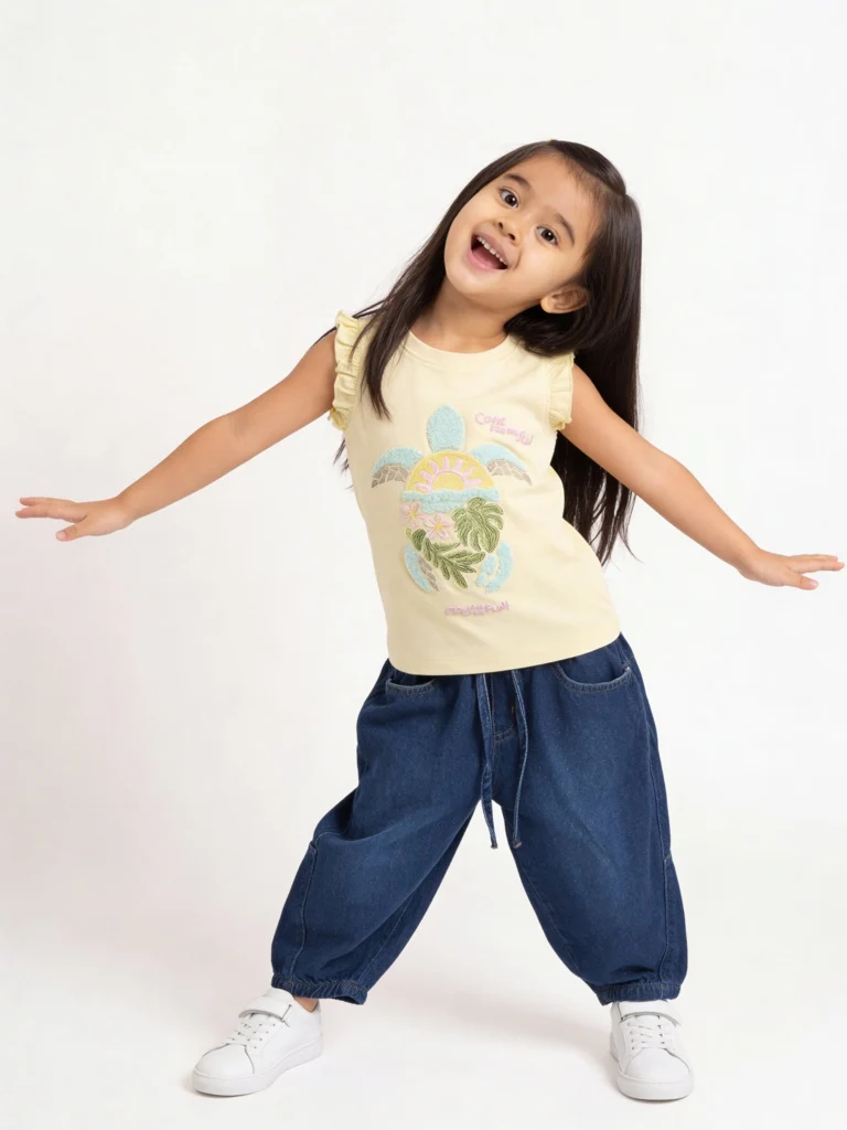 HOP Kids Girls Yellow Embroidered Cotton Top
