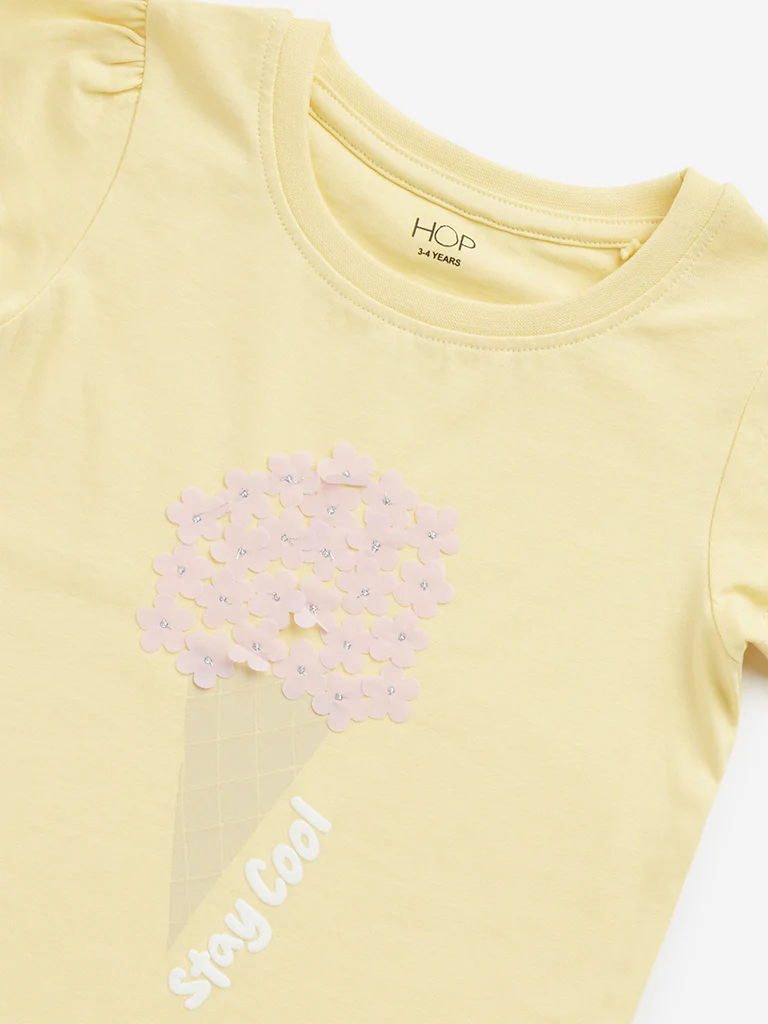 HOP Kids Girls Yellow Ice-Cream Design Cotton T-Shirt - Image 4