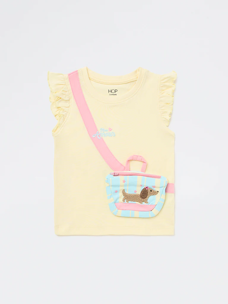 HOP Kids Girls Yellow Pouch Design Cotton Top - Image 3