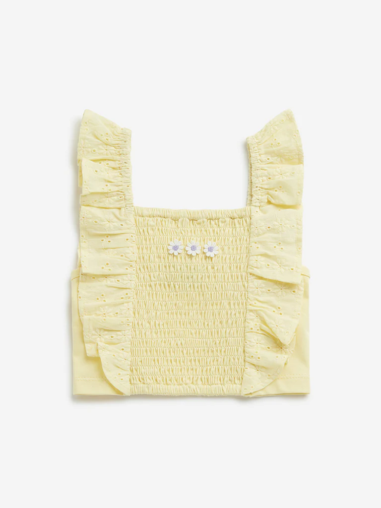 HOP Kids Girls Yellow Schiffli Design Ruffled Cotton Top