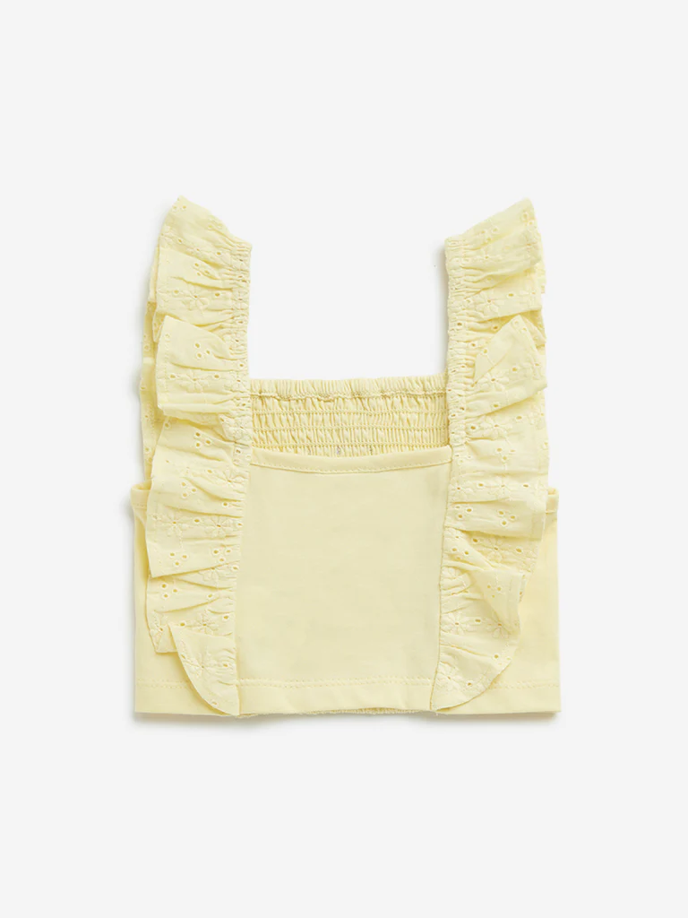 HOP Kids Girls Yellow Schiffli Design Ruffled Cotton Top - Image 3