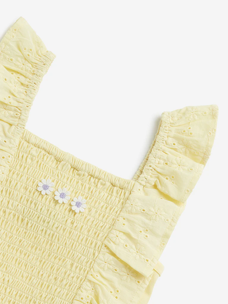 HOP Kids Girls Yellow Schiffli Design Ruffled Cotton Top - Image 4