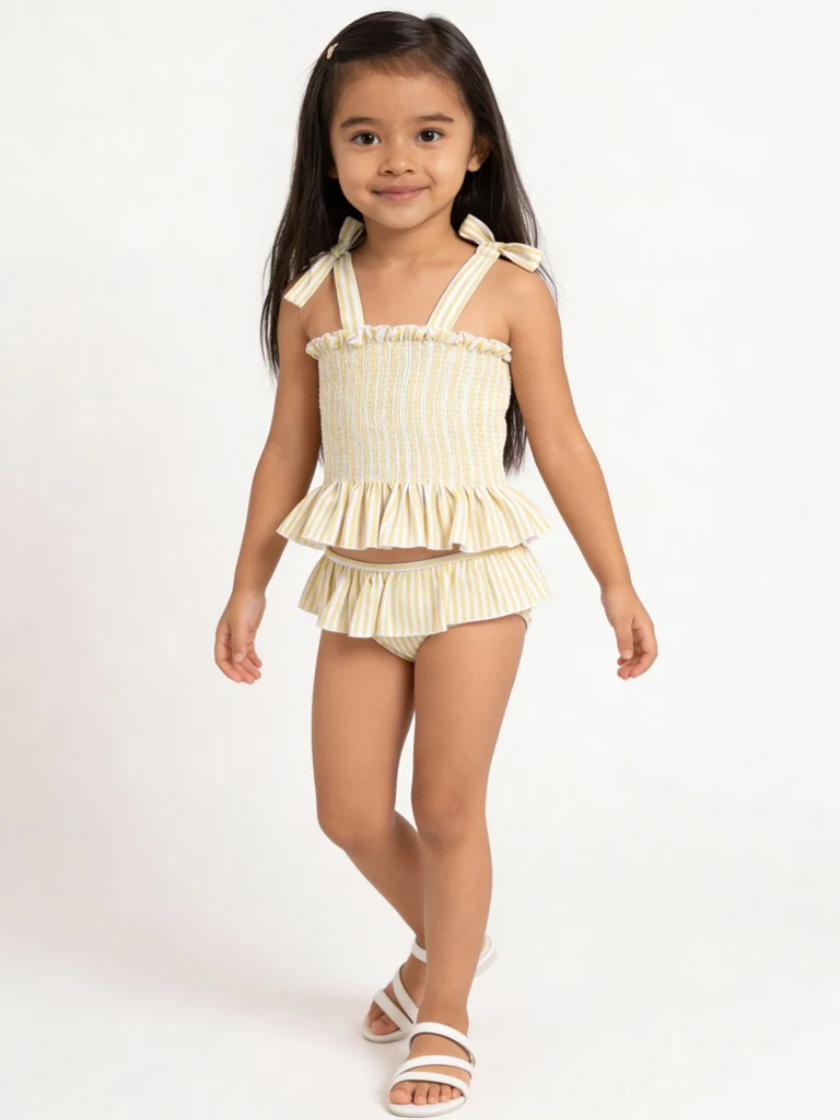 HOP Kids Girls Yellow Striped Top with Skort Swim Set