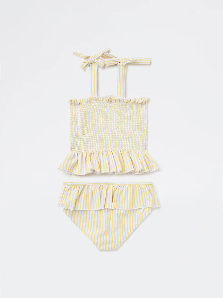 HOP Kids Girls Yellow Striped Top with Skort Swim Set - Image 5
