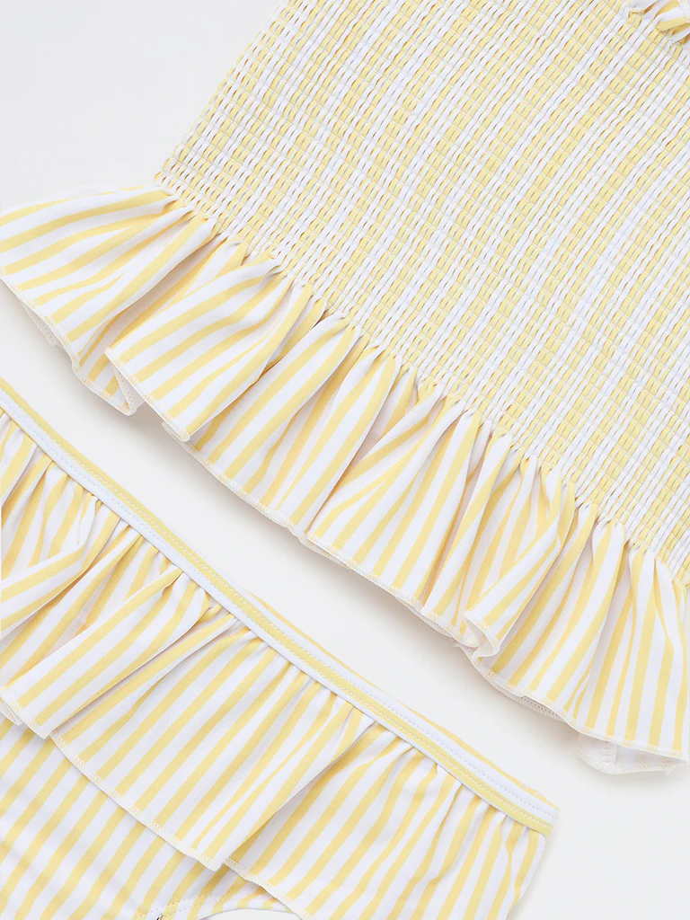 HOP Kids Girls Yellow Striped Top with Skort Swim Set - Image 6