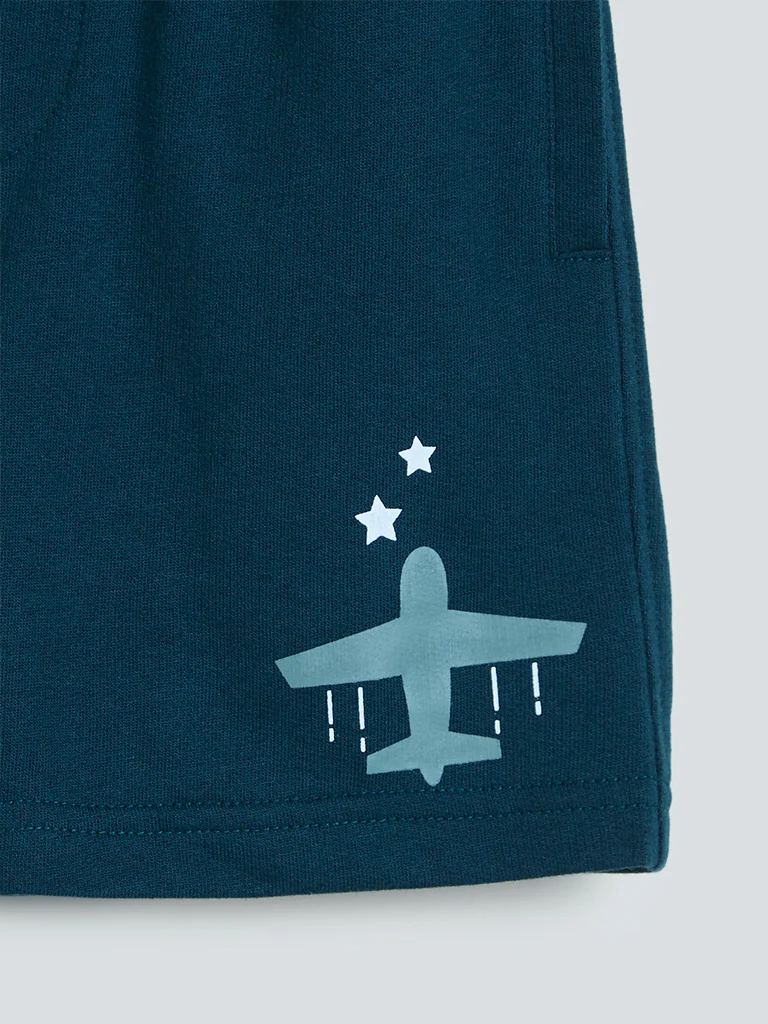 HOP Kids Teal Plane Pattern Cotton-Blend Shorts - Image 4