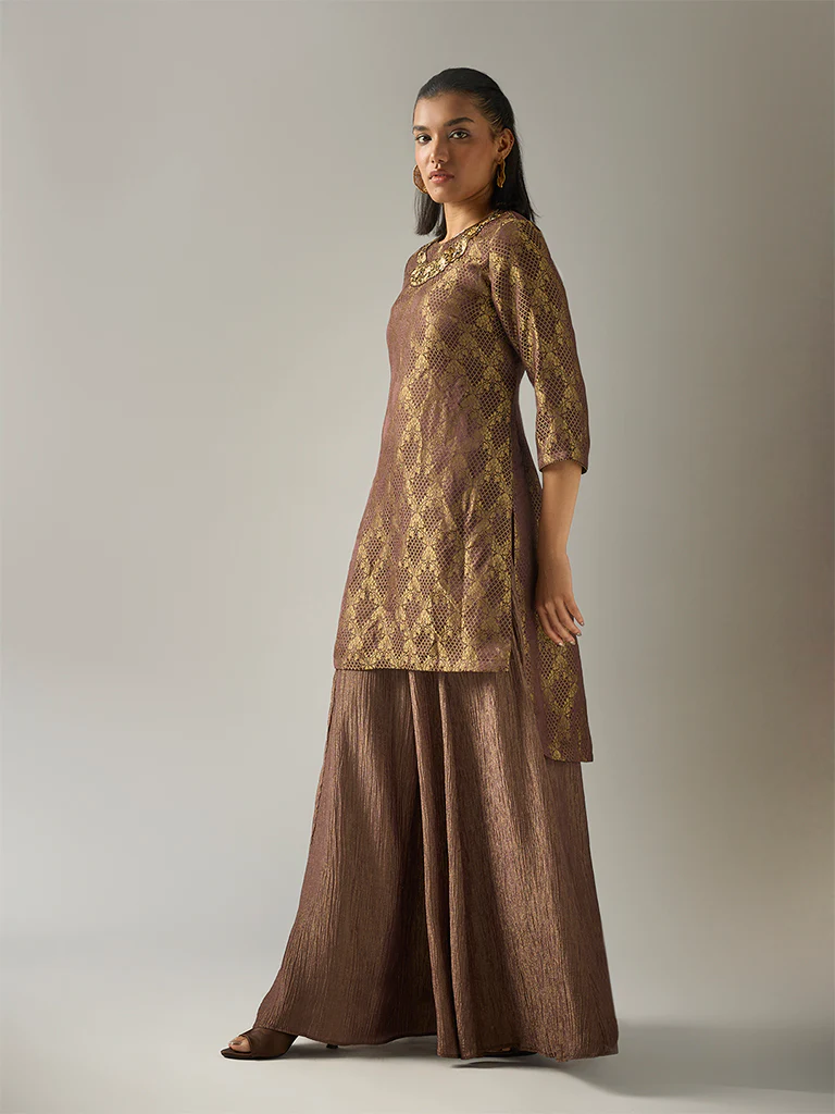 Jacquard High-Low Kurta – Brown - Image 2