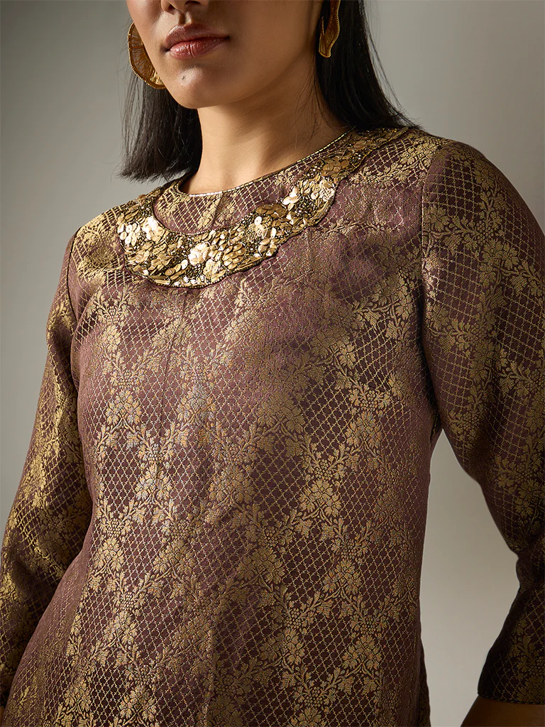 Jacquard High-Low Kurta – Brown - Image 3