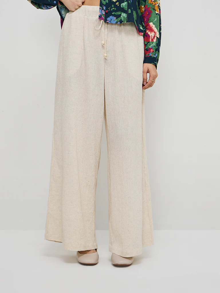LOV Beige Crinkle-Textured High-Rise Cotton Blend Pants - Image 3